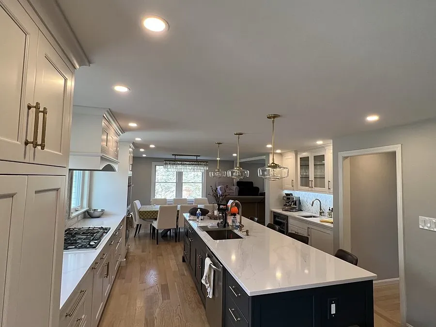 Kitchen recessed lighting and island pendant lights installed